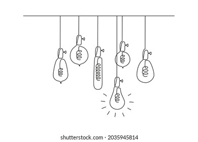 One continuous line drawing of hanging loft light bulbs with one glowing. Concept of creative idea in simple doodle style. Editable stroke. Vector illustration