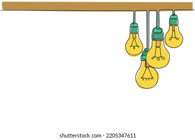 One continuous line drawing of hanging lightbulbs on house ceiling rooftop. Poster for wall decor interior design. Modern single line draw vector graphic illustration
