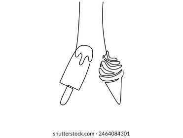 one continuous line drawing of hanging cone ice cream and pop stick ice cream isolated on white background.