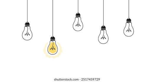 One continuous line drawing of hanging light bulbs with one shining. Concept of creative idea in simple linear style.Vector illustration	