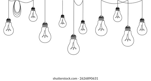 Um desenho de linha contínua de lâmpadas de suspensão com um brilho. Conceito de ideia criativa em estilo linear simples. Ilustração vetorial eps 10	
