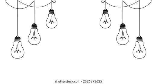 One continuous line drawing of hanging light bulbs with one shining. Concept of creative idea in simple linear style. Vector illustration eps 10	