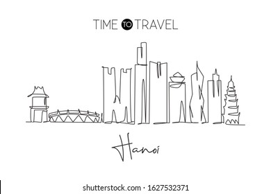 One continuous line drawing of Hanoi city skyline, Vietnam. Beautiful landmark. World landscape tourism travel vacation wall decor poster print art. Stylish single line draw design vector illustration