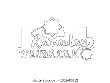 One continuous line drawing of Happy Eid Al Fitr Mubarak and Ramadan Kareem concept. Islamic holiday calligraphic design for print, greeting card, banner, poster. Single line draw design illustration