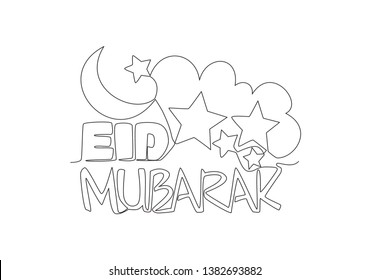 One continuous line drawing of Happy Eid Al Fitr Mubarak and Ramadan Kareem concept. Islamic holiday calligraphic design for print, greeting card, banner, poster. Single line draw design illustration