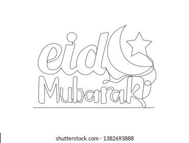 One continuous line drawing of Happy Eid Al Fitr Mubarak and Ramadan Kareem concept. Islamic holiday calligraphic design for print, greeting card, banner, poster. Single line draw design illustration