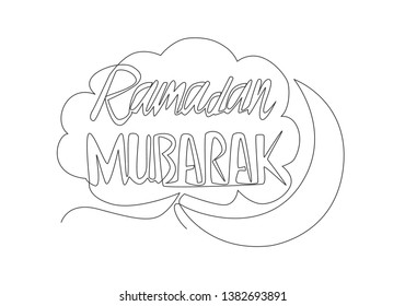 One continuous line drawing of Happy Eid Al Fitr Mubarak and Ramadan Kareem concept. Islamic holiday calligraphic design for print, greeting card, banner, poster. Single line draw design illustration