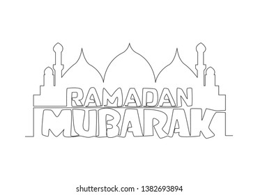 One continuous line drawing of Happy Eid Al Fitr Mubarak and Ramadan Kareem concept. Islamic holiday calligraphic design for print, greeting card, banner, poster. Single line draw design illustration