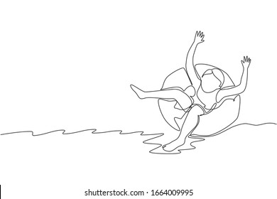 One continuous line drawing happy boy playing and swimming use floating ring in sport center. Summer holidays and vacation concept. Dynamic single line draw graphic design vector graphic illustration