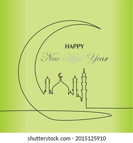 One continuous line drawing of Happy new Islamic Hijri year. Template for the design of a calendar, logo, icon, flyer, web and banner. Selamat Tahun Baru Hijriyah - Vector illustration.
