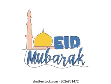 Un contínuo dibujo de Happy Eid Al Fitr Mubarak y Ramadan Kareem. Diseño caligráfico de vacaciones islámicas para impresión, tarjeta de saludo, cartel, afiche. Ilustración de diseño de líneas simples