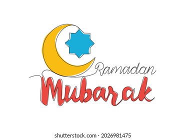 One continuous line drawing of Happy Eid Al Fitr Mubarak and Ramadan Kareem concept. Islamic holiday calligraphic design for print, greeting card, banner, poster. Single line draw design illustration