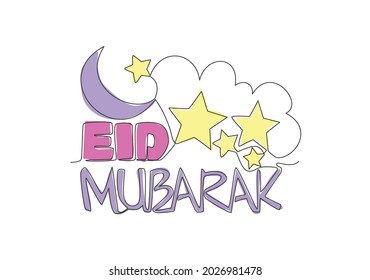 One continuous line drawing of Happy Eid Al Fitr Mubarak and Ramadan Kareem concept. Islamic holiday calligraphic design for print, greeting card, banner, poster. Single line draw design illustration