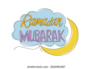 One continuous line drawing of Happy Eid Al Fitr Mubarak and Ramadan Kareem concept. Islamic holiday calligraphic design for print, greeting card, banner, poster. Single line draw design illustration