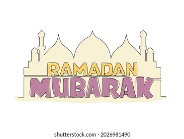 One continuous line drawing of Happy Eid Al Fitr Mubarak and Ramadan Kareem concept. Islamic holiday calligraphic design for print, greeting card, banner, poster. Single line draw design illustration