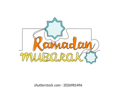One continuous line drawing of Happy Eid Al Fitr Mubarak and Ramadan Kareem concept. Islamic holiday calligraphic design for print, greeting card, banner, poster. Single line draw design illustration