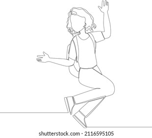 One continuous line drawing of happy walking woman going to school. Vector illustration. Happy free.