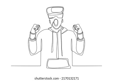 One continuous line drawing of happy young man when he plays virtual reality as winner. Virtual game concept. Single line draw design vector graphic illustration.