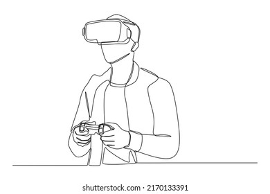 One continuous line drawing of  happy young man watching in vr headset pc gadget and play pc game with joystick console. Virtual game concept. Single line draw design vector graphic illustration.