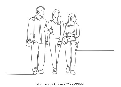 One continuous line drawing of happy students walking together on school. Back to school concept. Single line draw design vector graphic illustration.