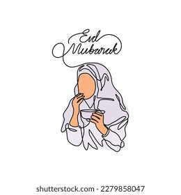 One continuous line drawing of a a happy woman in welcoming Eid al-Fitr. Eid mubarak and Ramadan kareem design concept with simple linear style. Eid mubarak vector design concept.