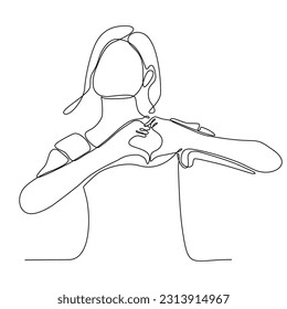 One continuous line drawing of happy young woman forming heart shape hand drawn vector illustration modern single line design