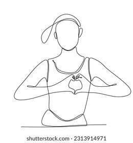 One continuous line drawing of happy young woman forming heart shape hand drawn vector illustration modern single line design