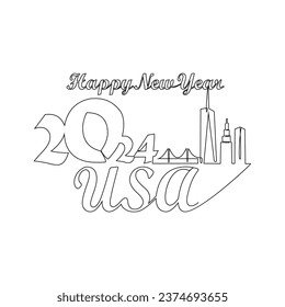 One continuous line drawing of Happy New Year in USA. Happy New Year design with USA skyline in simple linear style vector illustration. Suitable design for greeting card, poster and banner.