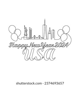 One continuous line drawing of Happy New Year in USA. Happy New Year design with USA skyline in simple linear style vector illustration. Suitable design for greeting card, poster and banner.