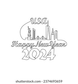 One continuous line drawing of Happy New Year in USA. Happy New Year design with USA skyline in simple linear style vector illustration. Suitable design for greeting card, poster and banner.