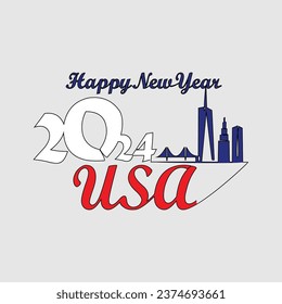 One continuous line drawing of Happy New Year in USA. Happy New Year design with USA skyline in simple linear style vector illustration. Suitable design for greeting card, poster and banner.