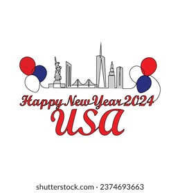 One continuous line drawing of Happy New Year in USA. Happy New Year design with USA skyline in simple linear style vector illustration. Suitable design for greeting card, poster and banner.