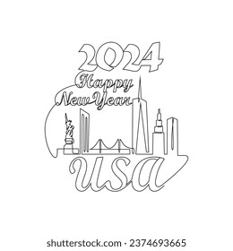 One continuous line drawing of Happy New Year in USA. Happy New Year design with USA skyline in simple linear style vector illustration. Suitable design for greeting card, poster and banner.