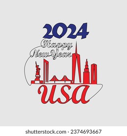 One continuous line drawing of Happy New Year in USA. Happy New Year design with USA skyline in simple linear style vector illustration. Suitable design for greeting card, poster and banner.