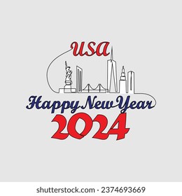 One continuous line drawing of Happy New Year in USA. Happy New Year design with USA skyline in simple linear style vector illustration. Suitable design for greeting card, poster and banner.