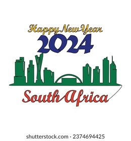 One continuous line drawing of Happy New Year in South Africa. New Year Design with South Africa skyline in simple linear style vector illustration. Suitable for greeting card, poster and banner.