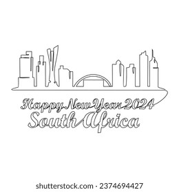 One continuous line drawing of Happy New Year in South Africa. New Year Design with South Africa skyline in simple linear style vector illustration. Suitable for greeting card, poster and banner.