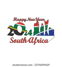 One continuous line drawing of Happy New Year in South Africa. New Year Design with South Africa skyline in simple linear style vector illustration. Suitable for greeting card, poster and banner.