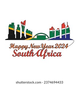 One continuous line drawing of Happy New Year in South Africa. New Year Design with South Africa skyline in simple linear style vector illustration. Suitable for greeting card, poster and banner.