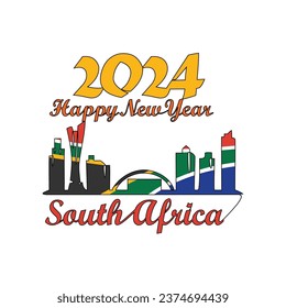 One continuous line drawing of Happy New Year in South Africa. New Year Design with South Africa skyline in simple linear style vector illustration. Suitable for greeting card, poster and banner.
