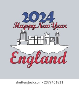 Eine kontinuierliche Zeichnung von Happy New Year in England mit Skyline-Hintergrund Konzept.Happy New Year in England in einfacher linearer Vektorgrafik. Geeignetes Design für Grußkarte, Poster