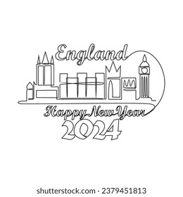 Un dibujo de línea continua de Feliz Año Nuevo en Inglaterra con el concepto de fondo de horizonte. Feliz Año Nuevo en Inglaterra con una simple ilustración vectorial de estilo lineal. Diseño adecuado para tarjetas de felicitación, póster