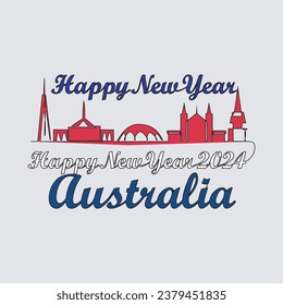 One continuous line drawing of Happy New Year in Australia. Happy New Year design with Australia skyline in simple linear style vector illustration.Suitable design for greeting card, poster and banner