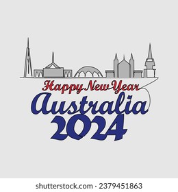One continuous line drawing of Happy New Year in Australia. Happy New Year design with Australia skyline in simple linear style vector illustration.Suitable design for greeting card, poster and banner