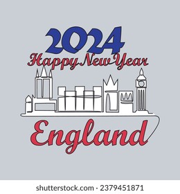 One continuous line drawing of Happy New Year in England with skyline background concept.Happy New Year in England in simple linear style vector illustration. Suitable design for greeting card, poster