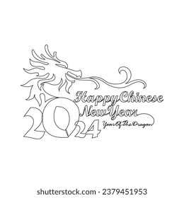 One continuous line drawing of Happy Chinese New Year with the year of dragon concept. Happy Chinese New Year in simple linear style vector illustration. Suitable design for greeting card and poster.