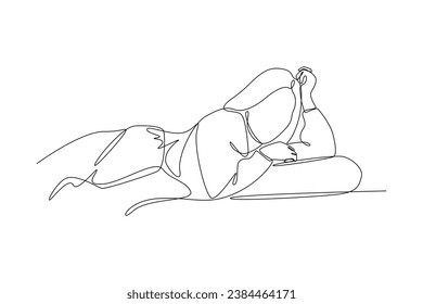 One continuous line drawing of Happy people lying with pillows. Deep dream and bedtime concept. Doodle vector illustration in simple linear style.