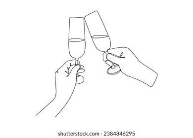 One continuous line drawing of Happy people clinking glasses and drinking at celebratory party. Friends concept. Doodle vector illustration in simple linear style.