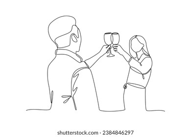 One continuous line drawing of Happy people clinking glasses and drinking at celebratory party. Friends concept. Doodle vector illustration in simple linear style.