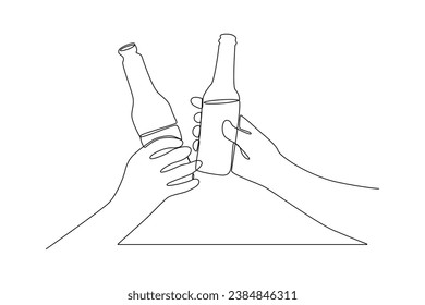 One continuous line drawing of Happy people clinking glasses and drinking at celebratory party. Friends concept. Doodle vector illustration in simple linear style.